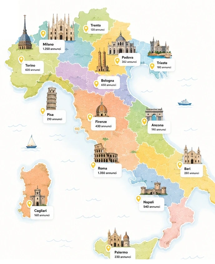 Mappa illustrata dell'Italia con città universitarie e monumenti
